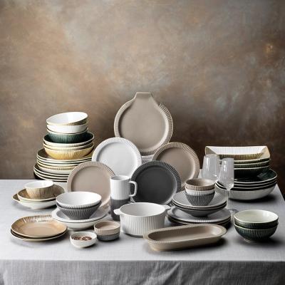 China Relief Pattern Disposable Matte Glaze Plates Nordic-Inspired Modern Ceramic Dinner Set for sale