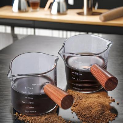 China Clear Glass Dispenser Cup with Wooden Handle Double Mouth Coffee/Milk Cup 75ml/150ml for sale