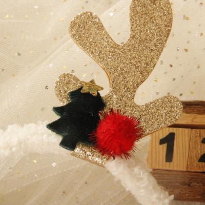 China Chirstmas Decor Cartoon Gold Antlers and Bell Christmas Headband for Kids Fluffy Party Dress Accessories for sale