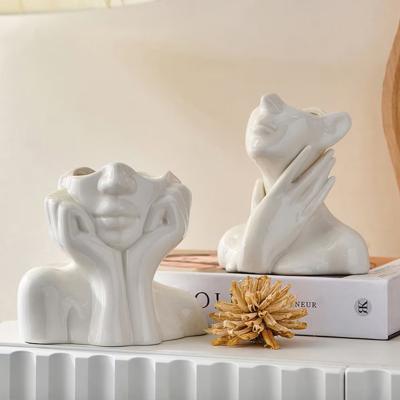 China Modern Nordic Half Body Bust Ceramic Female Face Shaped Flower Vase Artware for Tabletop for sale