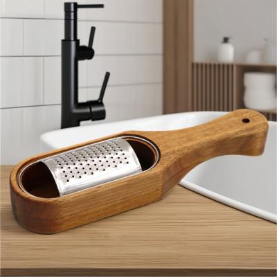 China 1 Piece Cheese Grater Stainless Steel with Removable Acacia Wood Collection Container for sale