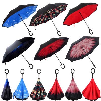 China All In 1 Outer Layer C Wholesale Custom Auto Car Double Handle Folding Reverse Inverted Umbrella for sale