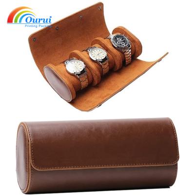 China Watch Box Vintage Watch Packaging Gift Box Brown Wristwatch Travel Case Leather Lined 1 2 3 Watch Roll for sale