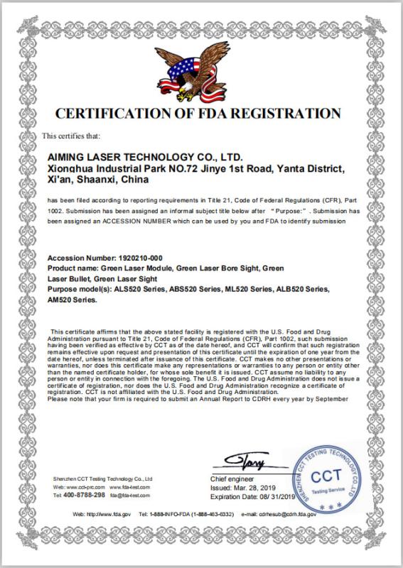 FDA Certificate - Aiming Laser Technology Co., Ltd.