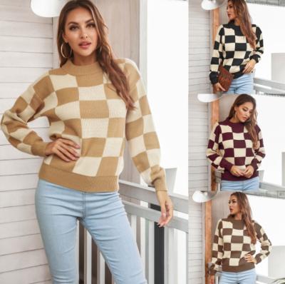 China Keep Warm New Style 2022 Fashion Fall Winter Plaid High Quality Warm Knitted Sweater For Women for sale