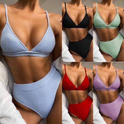 China 2022 Breathable Simple High Waist French Sling Solid Color Sling Triangle Slit Triangle Swimsuit Low Waist Bikini Ladies for sale