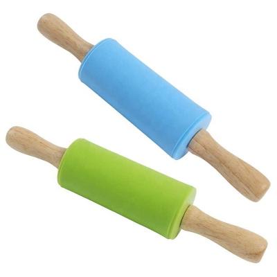 China Sustainable Kids Size Silicone Rolling Pins 9 Inch Mini Rolling Pin With Wooden Handle For Home Kitchen Kids Cake for sale