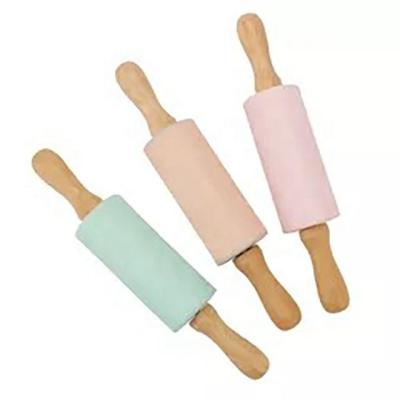 China Viable Factory Food Grade Mini Silicone Rolling Pin Wooden Nonstick Handle For Kids Baking Tool for sale