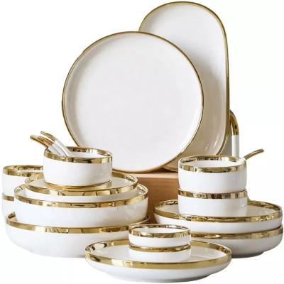 China Disposable Western Style White With Gold Ceramic Rim Plate Bowl Dishes Spoon Dinnerware Set for sale