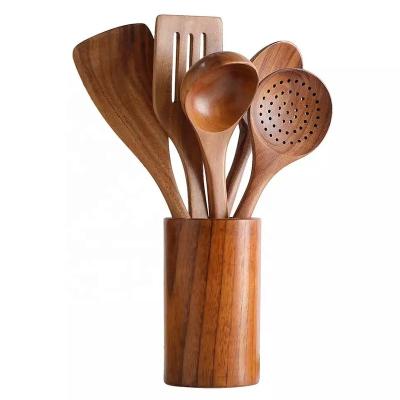 China Hot Selling Disposable Amazon Teak Wood Natural Kitchen Cookware 5Pcs Set With Spatula for sale