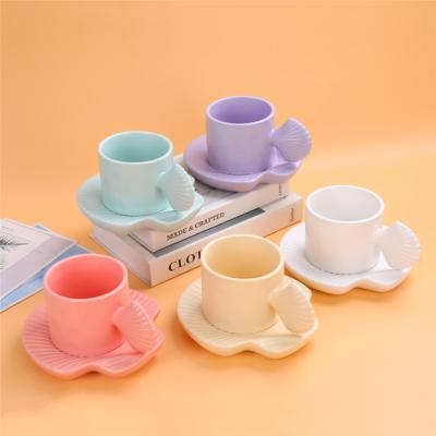 China Viable Aesthetic Porcelain Cup Coaster Shell Cup Latte Cafe Mocha Ceramic Coffee Mug With Saucer for sale