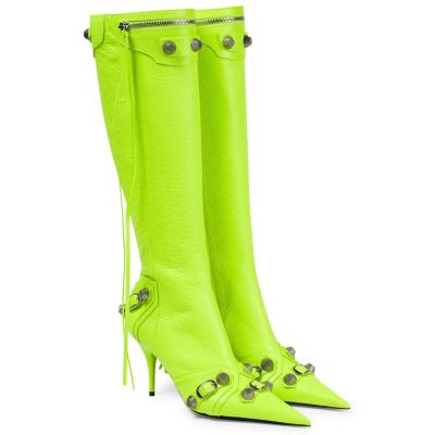 China Round Fashion Design Boots  Zip Custom Shoes Large size 12-14 Pointy Toe Rivets Buckle Knee High Boots High Heel For Women for sale