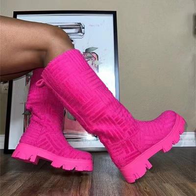 China Round 2022 Winter Boots women Shoes Slip On Street wear  New Fabric Platform boot Knee High Towel Boots For Women for sale