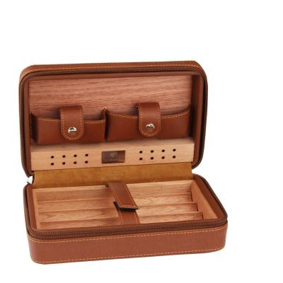 China Cedar Wood Cigar Humidor Box Durable Portable Travel Cigar Case Storage 4 Cigar Box Humidor Leather Humidor for Sigar for sale