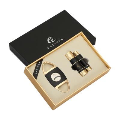 China Durable Torch Butane Gas Refillable Triple Jet Flame Lighter With Stamped And Formed Cigar Cutter Gift Box Set for sale