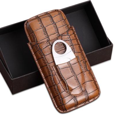 China Durable High Quality 3-Finger Humidors Portable Cigar Box Brown Leather Case With Cigar Cutter for sale