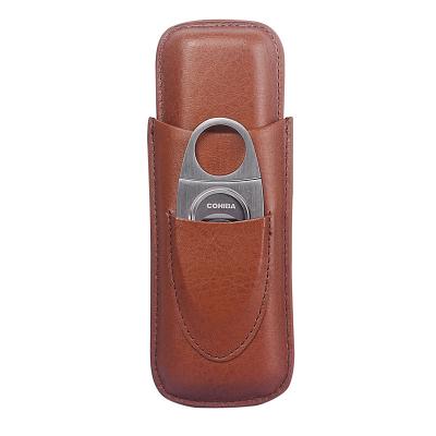 China Durable Leather Holder Mini Humidor Travel Cigar Box Portable Cigar Case 2 Tube Cigar for sale