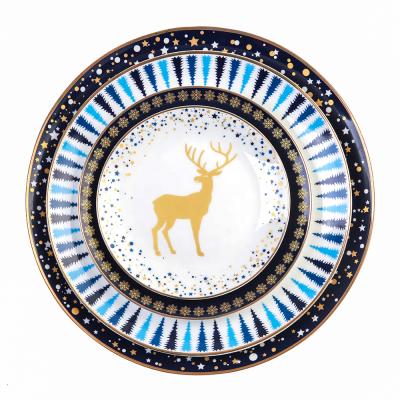 China New Viable Ceramic Chunyu Design Tableware Deer Pattern Dishes Gold Rim Dinner Dishes for sale