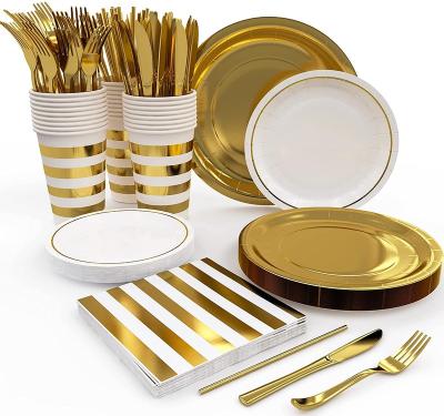 China Party Decorations LEMON White Gold Party Paper Plates and Napkins Cups Striped Decorations Party Supplies Set 25 Guests for sale