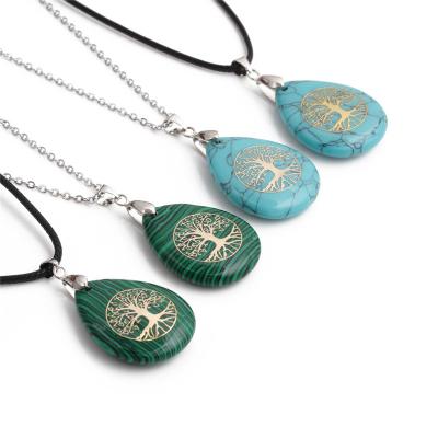 China Simple High Quality Pendant Fashion Drop Water Tree of Life Jewelry Malachite Turquoise Pink Spar Necklace Necklace for sale