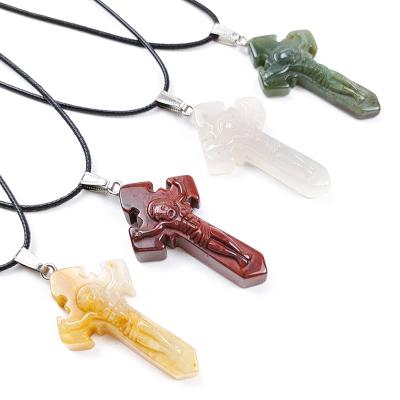 China High Quality Natural Stone Jesus Cross Pendant Agate Jade Christian Ornaments Religious Couple Jewelry for sale