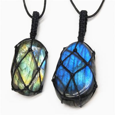 China Moonstone Labradorite High Quality Rough Stone Woven Pendant Necklace with Light and Flowing Spectrum for sale