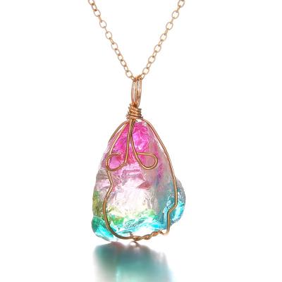 China High Quality Natural Rough Stone Necklace Seven Color Winding Transparent Multicolor Chain Crystal Pendant Necklace for sale