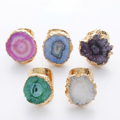 China High Quality Eco-Friendly Natural Stone Ring Crystal Bud Round Ring Adjustable Open Agate Geode for sale