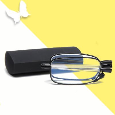 China Exquisitie Telescopic Foot Slim Portable Folding Blue Lightweight Anti Presbyopic Glasses With Case for sale