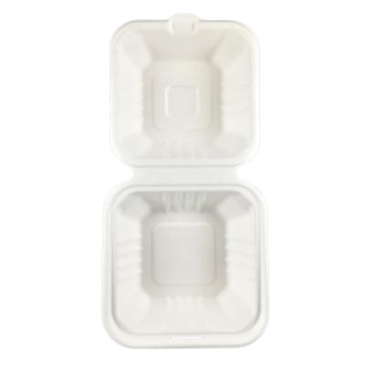 China Biodegradable Disposable Bagasse Pulp Hinged 6 Inch Disposable Fast Food Bento Box for sale