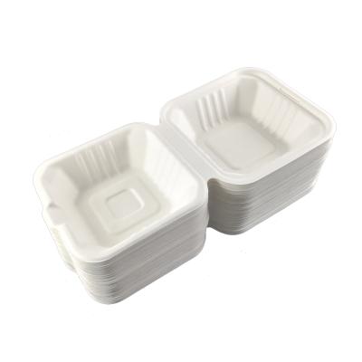 China 6 Inch Disposable Fast Food Paper Bagasse Biodegradable Pulp Hinged White Disposable Hamburger Box for sale