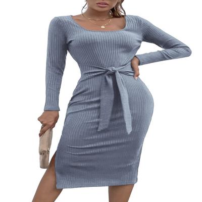 China Anti-wrinkle Women's Long Sleeve Square Neck Split Bodycon Sweater Dress Tie Waist Ribbed Slim Fit Knit Midi For Long Knitted Dress for sale