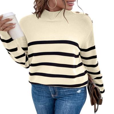 China 22022 Anti-wrinkle New Arrival Sweater Loose Striped Long Sleeve Mock Neck Button Design Sweaters Knitted Sweater Women's Sweaters for sale