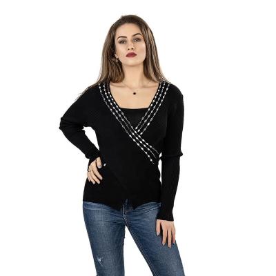 China Autumn Women Sexy Sweaters High Quality Handmade Sequin Sweaters Anti-wrinkle V-Neckline Loose Sweater for sale