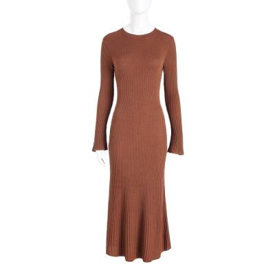 China Anti-Static Knitwear Manufacturers Custom Brown Round Ribbed Long Sleeved Choker Knitted Luxury Women's Sweater Dress for sale