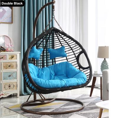 China Modern Hot Sale Two Seats Garden Rattan Patio Swings Hanging Egg Chair With Stand for sale