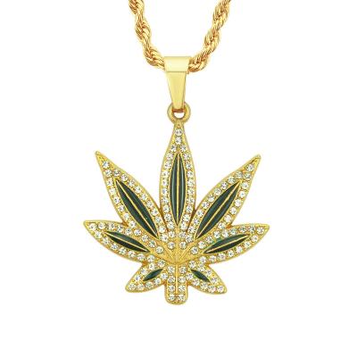 China Europe and America Wholesale Punk Hip Hop Jewelry Necklace with Diamond-encrusted Oil Painting Maple Leaf Pendant for Men and Women for sale