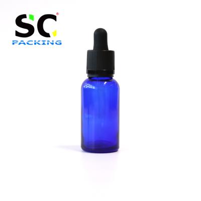 China Blue Color 30ml Essential Oil Bottle Factory Price Cheapest Pharmaceutical Glass Dropper Bottle With Cap Child Safe for sale