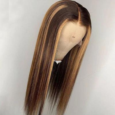 China Silky Straight Wave Brown Honey Blonde Piano Color Preplucked Bleached Knots Straight Full Lace Hair Wig With Highlights for sale