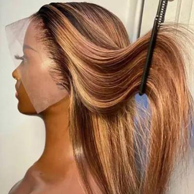 China Silky Straight Wave Preplucked Bleach Knots Highlight Frontal Wig Honey Brown Ombre Highlighted Lace Front Wig Human Hair Blonde Virgin Lace Wig for sale