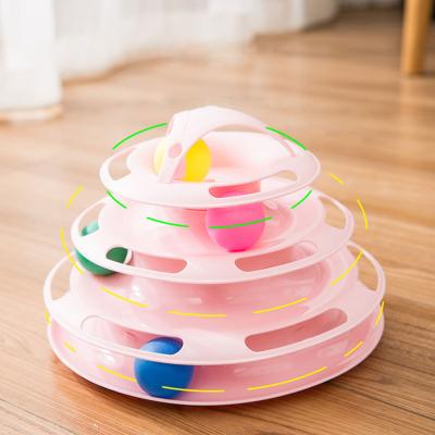 China Pet Toy Swindmill Cat Dish Rotating Cat Interactive Game Toys Three Layer Cat Turntable Viable Balls for sale