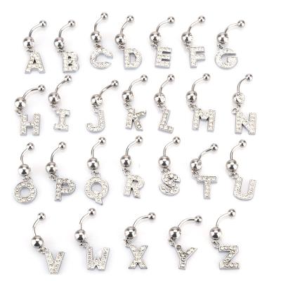 China TRENDY Bayes Initial Pave Clear Alphabet Letter Jewelry Belly Ring Gem Dangling Surgical Steel Navel Rings for sale