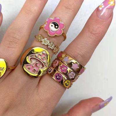 China 2021 TRENDY Cute Funny Mushroom Heart Face Enamels Smiling Ring For Girl Party Stacking Gold Color Finger Band Rings for sale