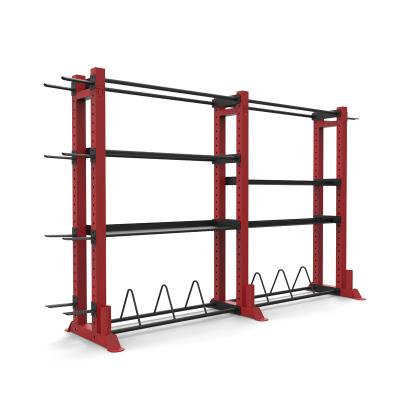 China Commercial High Quality 4 Tier Multifunctional Steel Dumbbell Rack Fitness Equipment with Weight Plate Storage Barbell Holder and Bench for sale