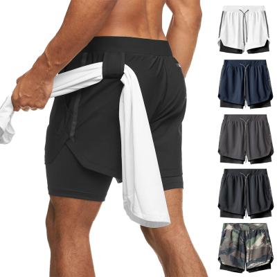 China Anti Wrinkle High Quality 2 In 1 Gym Quick Dry Sweat Shorts With Towel Hanger Polyester Spandex Training Fitness Abbreviations Men for sale