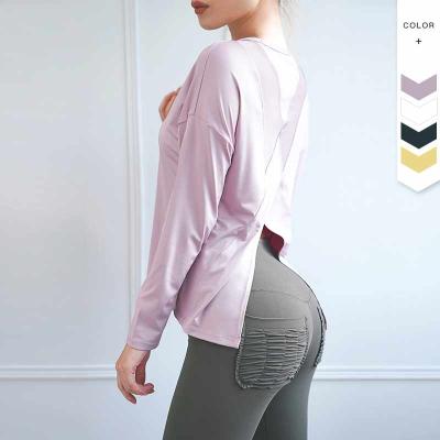 China Hot Sale Ladies Comfortable Halterneck Shirts Breathable Sporty Workout Yoga Tops Loose Women Tie Back Long Sleeve Shirts for sale