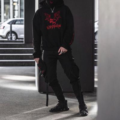 China Design Men's Fashion Plus Size Pullover Casual Black Sweatshirt Long Sleeve Embroidered New Loose Black Hooded Pullover Hoodie Men for sale