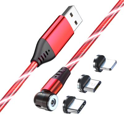 China For iPhone Micro Type C Promotional Gifts Mobile Phone 3 in 1 Magnetic USB Charger Cable Rotate 540 Degree LED Flowing Light Magnetic Charging Cable for sale