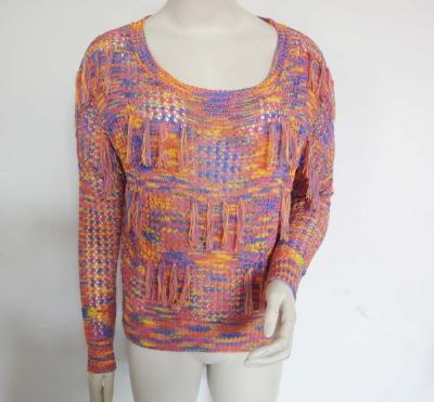 China Acryl-/Nylondamen-Pullover-Strickjacken-langärmlige Strickjacken-Fransen-spinnt vorderes Regenbogen-Band zu verkaufen