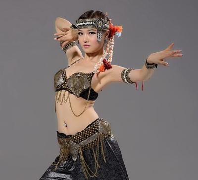 China Antique gold belly dancer top with metal chains , belly dance practice wear for sale